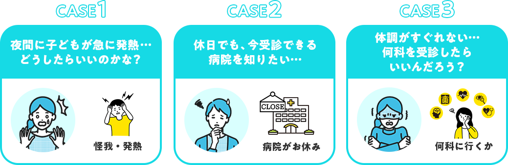 CASE1:夜間に子どもが急に発熱…どうしたらいいのかな？　CASE2：休日でも、今受診できる病院を知りたい…　CASE3：体調がすぐれない…何科を受診したらいいんだろう？