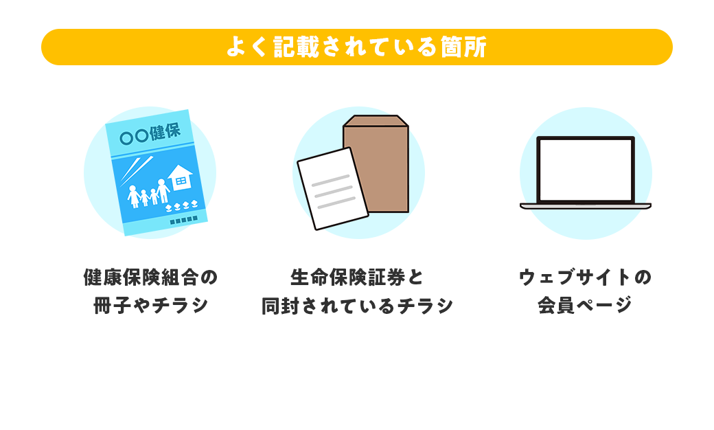よく記載されている箇所：健康保険組合の冊子やチラシ、生命保険証券と同封されているチラシ、ウェブサイトの会員ページ